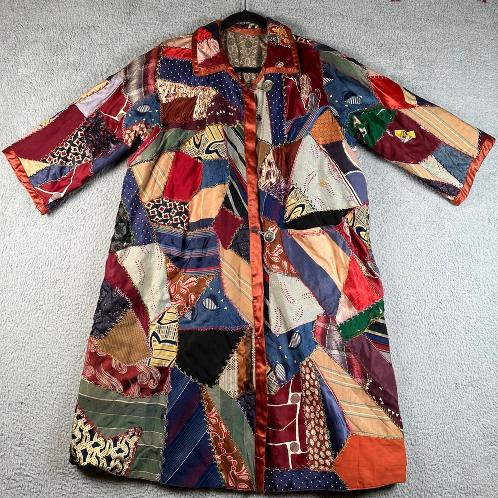 Vintage Handmade Silk Necktie Patchwork Duster Coat Boho Maximalist Festival L